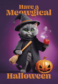 Cute grey kitten dressed as a witch holding a glowing red apple and broom next to a carved jack-o'-lantern, wishing a 'Meowgical Halloween' on a vibrant purple background. Perfect for kids' spooky season.