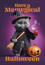 Cute grey kitten dressed as a witch holding a glowing red apple and broom next to a carved jack-o'-lantern, wishing a 'Meowgical Halloween' on a vibrant purple background. Perfect for kids' spooky season.