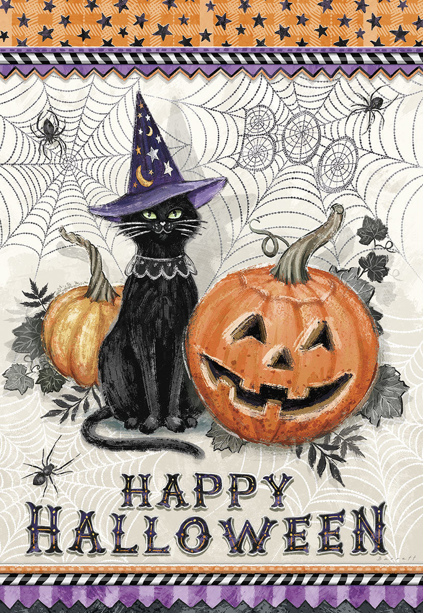 Front of a playful Halloween greeting card featuring a black cat wearing a purple witch hat, a smiling carved pumpkin, and spiderwebs. Perfect for children.