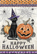 Front of a playful Halloween greeting card featuring a black cat wearing a purple witch hat, a smiling carved pumpkin, and spiderwebs. Perfect for children.