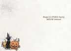 Inside of a cute Halloween card with a small black cat in a witch hat, a pumpkin, and the punny message: 'Hope it's PURR-fectly MEOW-velous!'