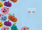 Inside view of a cheerful Halloween greeting card with an array of smiling, colorful pumpkins bordering a light blue background, featuring the message 'Hope it has you grinning from EAR to EAR!'.