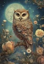 Whimsical illustration of a brown owl with bright orange eyes perched on a floral branch under a large, glowing full moon, surrounded by fantasy flowers and subtle starry night sky. Perfect for a mysterious occasion.