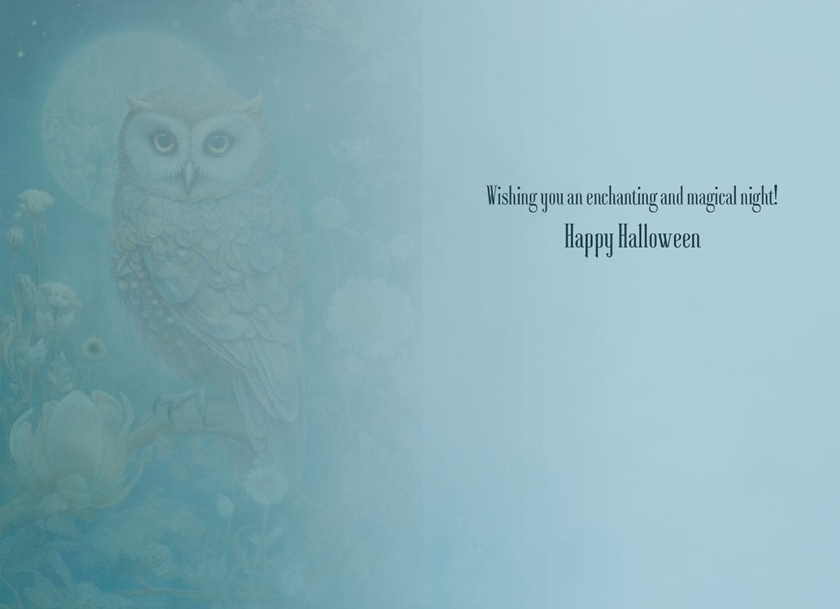Inside view of a greeting card with a faint, ghostly owl illustration on the left, and elegant text on the right: 'Wishing you an enchanting and magical night! Happy Halloween'. The card has a soft blue background.