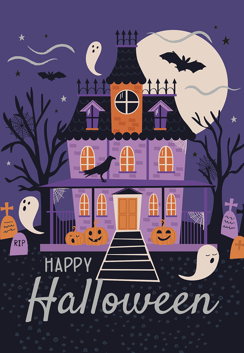 Cute Halloween greeting card for kids featuring a purple haunted house, friendly ghosts, pumpkins, bats, and a full moon under a starry night sky. Perfect for children's trick-or-treat wishes.