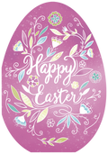 Beautiful pink Easter greeting card featuring white calligraphy 'Happy Easter' encircled by a delicate floral wreath in green, blue, and light pink hues, set against a softly textured background.
