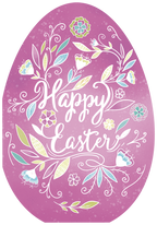 Beautiful pink Easter greeting card featuring white calligraphy 'Happy Easter' encircled by a delicate floral wreath in green, blue, and light pink hues, set against a softly textured background.