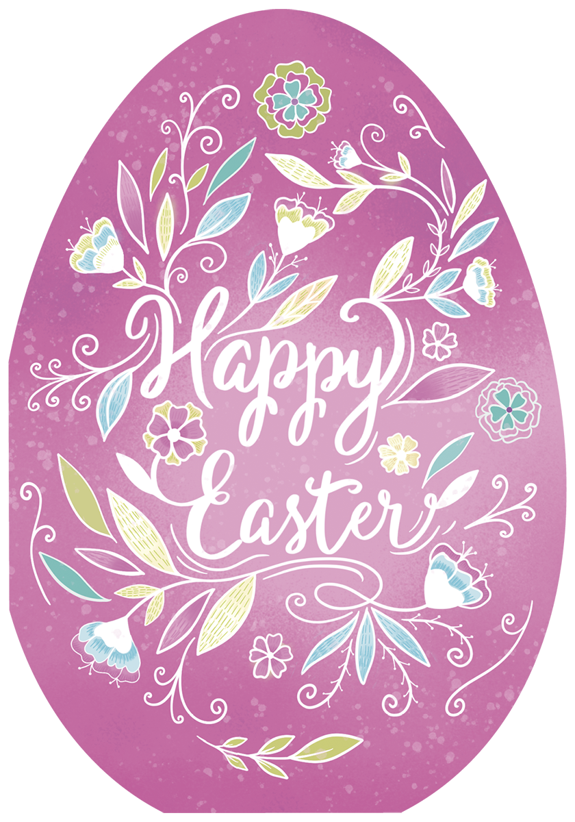 Pink Easter card with "Happy Easter" in white script, surrounded by a delicate floral wreath of green, blue, and yellow flowers.