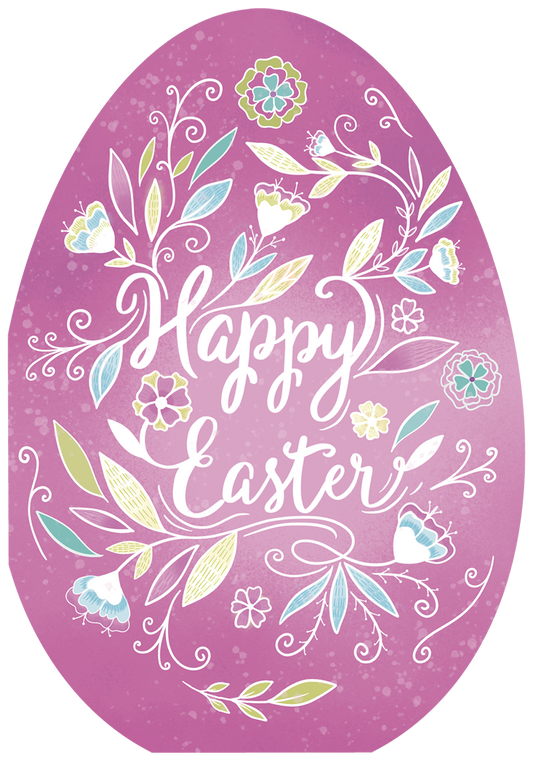 Pink Easter card with "Happy Easter" in white script, surrounded by a delicate floral wreath of green, blue, and yellow flowers.