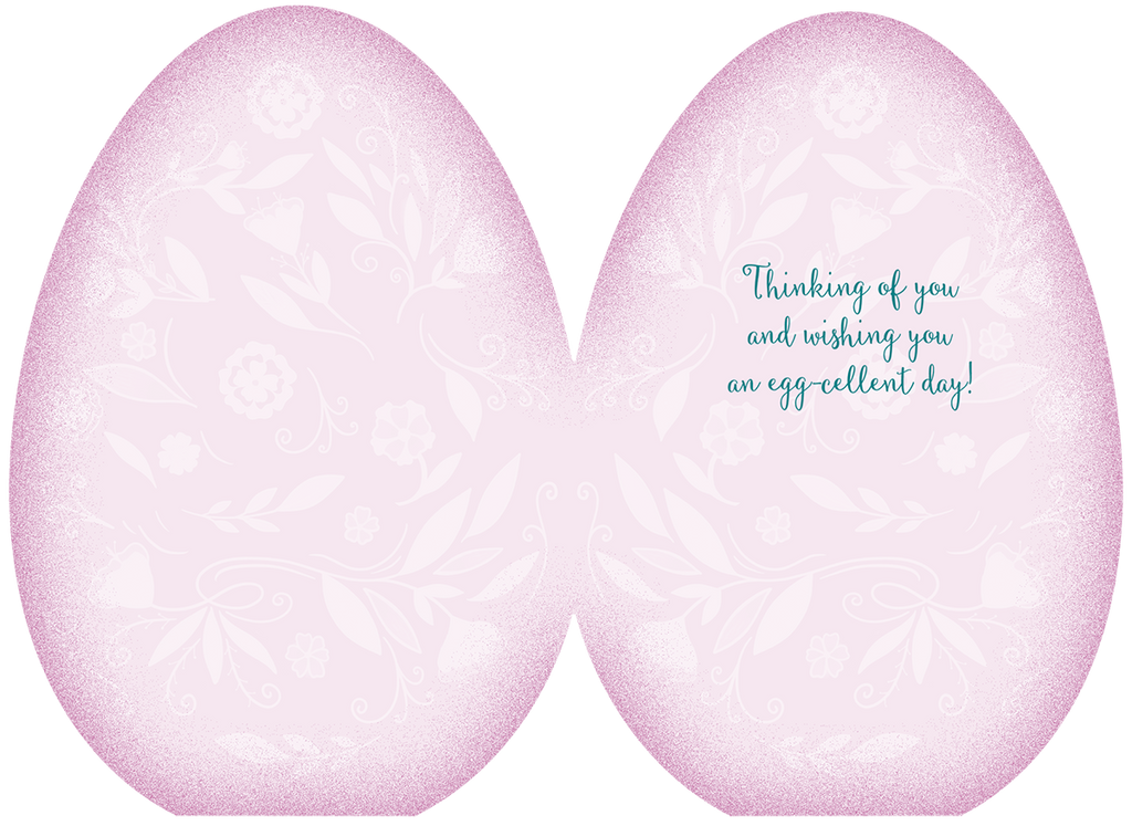 Interior of an elegant Easter card, light pink, egg-shaped design with subtle floral patterns, featuring the warm message 'Thinking of you and wishing you an egg-cellent day!' in a stylish script.