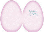 Interior of an elegant Easter card, light pink, egg-shaped design with subtle floral patterns, featuring the warm message 'Thinking of you and wishing you an egg-cellent day!' in a stylish script.