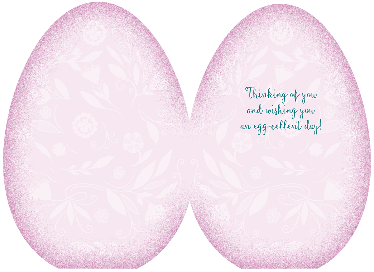 Interior of an elegant Easter card, light pink, egg-shaped design with subtle floral patterns, featuring the warm message 'Thinking of you and wishing you an egg-cellent day!' in a stylish script.