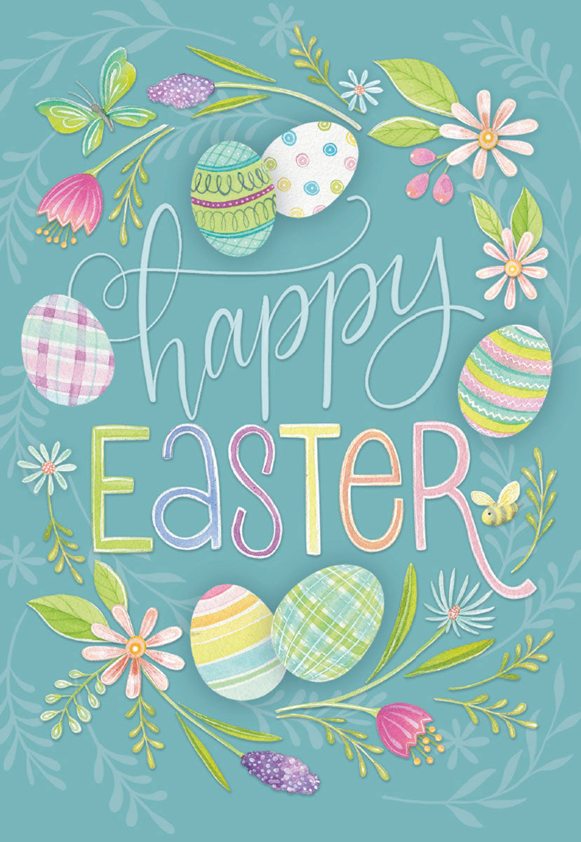 Teal green greeting card with pastel patterned eggs, a butterfly, flowers, and 'Happy Easter' in script typography.