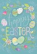Whimsical watercolor Easter greeting card front featuring 'Happy Easter' in cheerful script, surrounded by pastel patterned eggs, delicate spring flowers, and butterflies on a vibrant teal background.