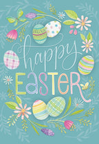Whimsical watercolor Easter greeting card front featuring 'Happy Easter' in cheerful script, surrounded by pastel patterned eggs, delicate spring flowers, and butterflies on a vibrant teal background.