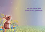 Open Easter card for children featuring a joyful bunny, vibrant eggs, and a springtime message 'May your world be bright with all the joys of springtime.'