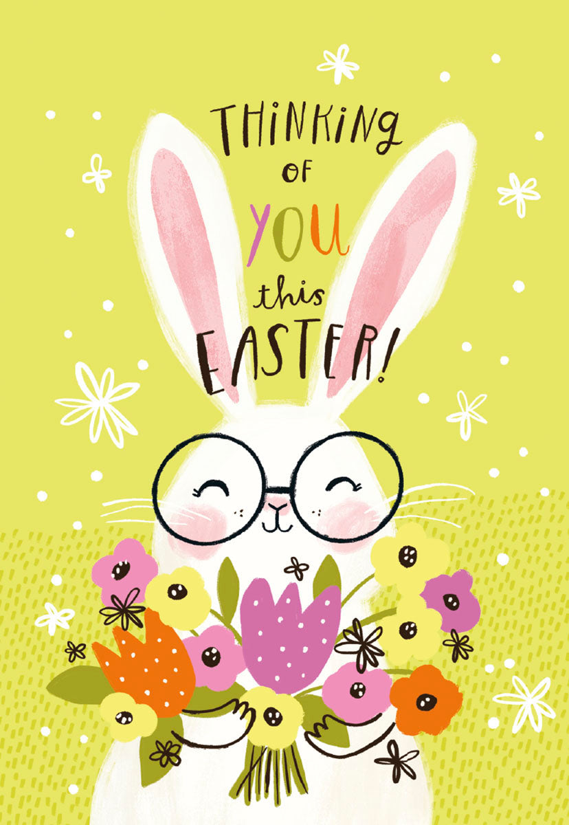 Cute white bunny wearing round glasses, holding a vibrant spring flower bouquet on a yellow background, with 'Thinking of you this Easter!' text. Ideal Easter greeting card for kids and family.