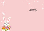 Inside of an Easter card featuring a cute bunny and colorful flowers in the bottom left, with 'AND SENDING BUNCHES OF HUGS!' on a soft pink background. Perfect for sending warm wishes to children.