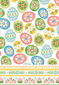 Front of a cheerful Easter greeting card featuring a vibrant pattern of decorated eggs in pink, green, blue, and yellow with floral and geometric designs, perfect for kids.