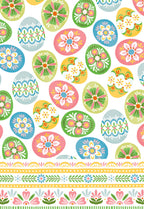Front of a cheerful Easter greeting card featuring a vibrant pattern of decorated eggs in pink, green, blue, and yellow with floral and geometric designs, perfect for kids.