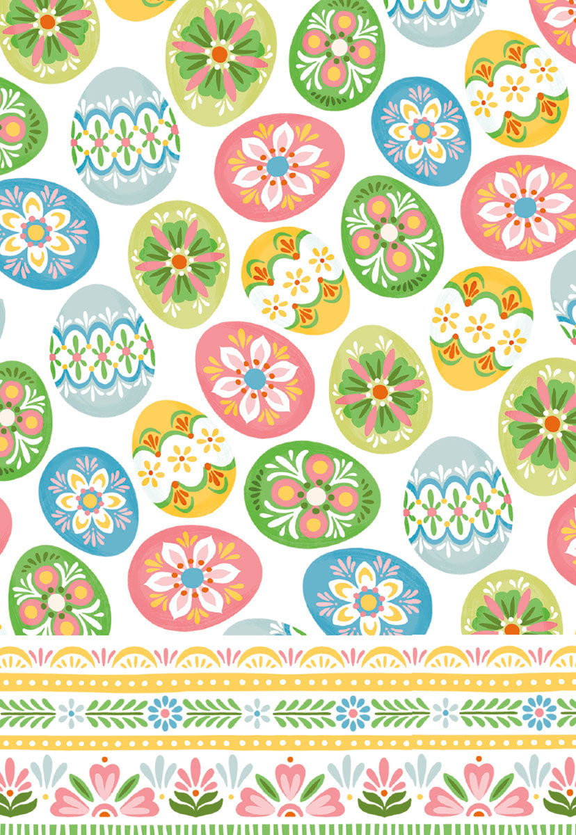 Front of a cheerful Easter greeting card featuring a vibrant pattern of decorated eggs in pink, green, blue, and yellow with floral and geometric designs, perfect for kids.