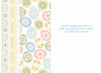 Inside view of a cute Easter card, displaying the message 'Here's hoping your Easter is EGG-straordinary, EGG-cellent, and EGG-stra special.' alongside a pastel egg and floral border.