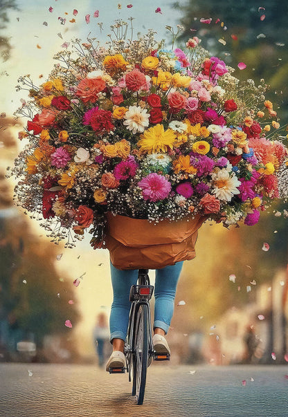 Vibrant Mother's Day card front: woman on bike with huge, colorful flower bouquet, petals falling. Cheerful floral design.