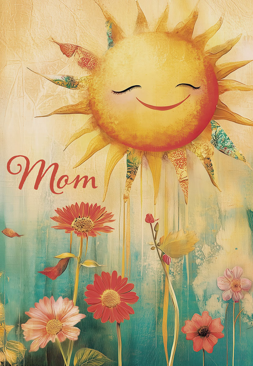Vibrant Mother's Day greeting card featuring a cheerful sun graphic with closed eyes and a happy smile, surrounded by colorful red and pink daisy-like flowers against a teal and yellow painted background, with 'Mom' written in script.