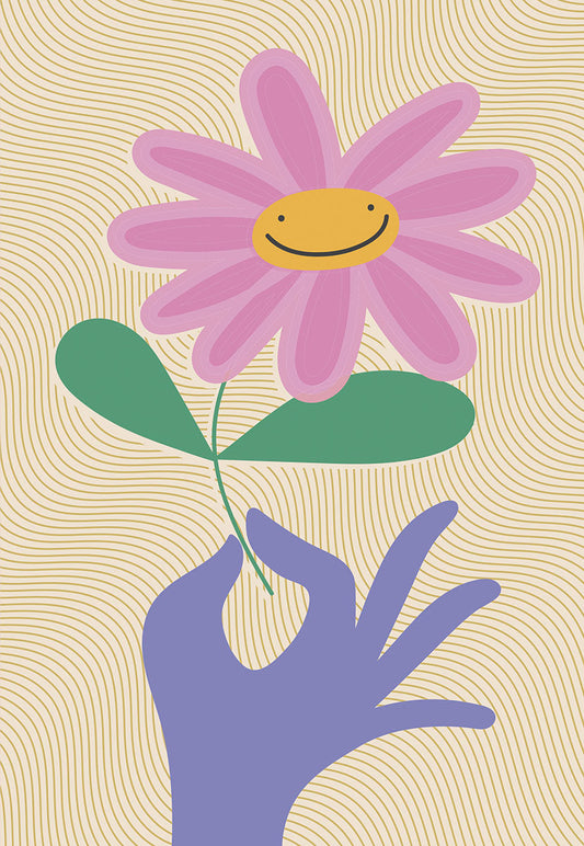 Front of Mother's Day card with a purple hand holding a smiling pink daisy flower against a wavy, light patterned background.