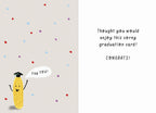 Inside view of a humorous graduation card. On the left, a single animated corn cob in a graduation cap with a 'Yay YOU!' speech bubble. The right side features a light gray background with more colorful confetti and the text: 'Thought you would enjoy this corny graduation card! CONGRATS!'. Ideal for a friend's graduation.