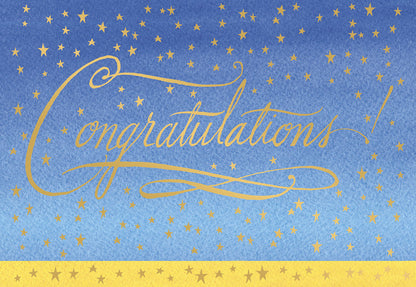 Front of a blue and gold graduation card with "Congratulations!" in elegant script and gold stars.
