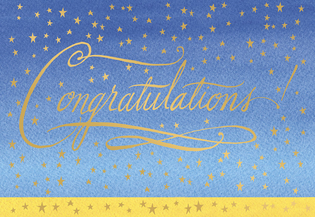 Front of a vibrant blue and yellow graduation greeting card featuring 'Congratulations!' in elegant gold script surrounded by shimmering gold stars, celebrating academic achievement.