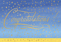 Front of a vibrant blue and yellow graduation greeting card featuring 'Congratulations!' in elegant gold script surrounded by shimmering gold stars, celebrating academic achievement.