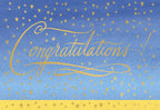 Front of a vibrant blue and yellow graduation greeting card featuring 'Congratulations!' in elegant gold script surrounded by shimmering gold stars, celebrating academic achievement.