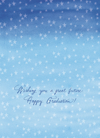 Inside of a blue graduation card with white stars and "Wishing you a great future. Happy Graduation!" text.