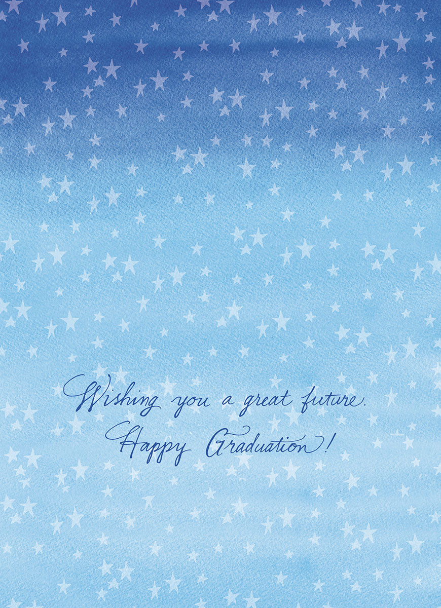 Inside of a light blue graduation greeting card with white stars, featuring a heartfelt message in elegant white script: 'Wishing you a great future. Happy Graduation!'