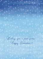 Inside of a light blue graduation greeting card with white stars, featuring a heartfelt message in elegant white script: 'Wishing you a great future. Happy Graduation!'