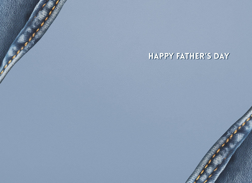 Inside of a Father's Day greeting card with a light blue background and denim-patterned edges, featuring the elegant text 'HAPPY FATHER'S DAY' on the right side. Provides space for a personalized message.