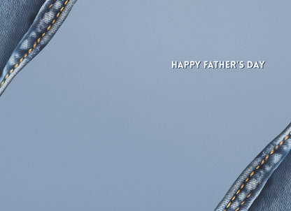 Inside of a Father's Day card with "HAPPY FATHER'S DAY" text on a light blue background and denim trim.