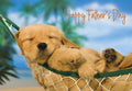 Cute golden retriever puppy sleeping peacefully in a green hammock on a sandy beach with palm trees, text 'Happy Father's Day'.