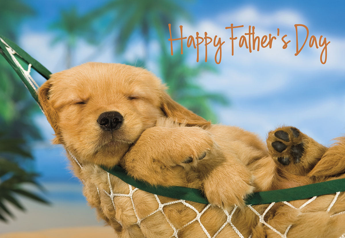 Cute golden retriever puppy sleeping peacefully in a green hammock on a sandy beach with palm trees, text 'Happy Father's Day'.