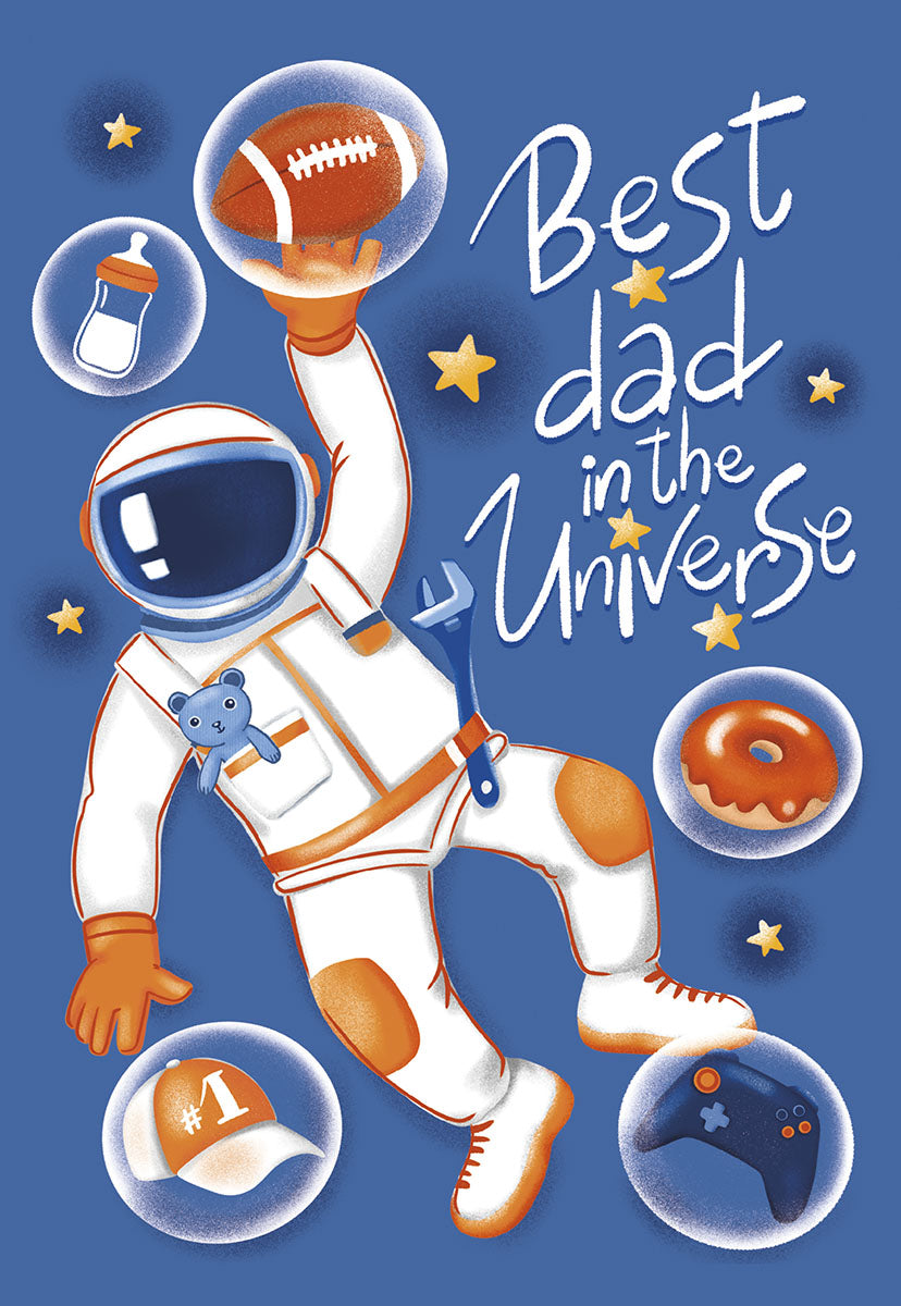 Astronaut dad greeting card with 'Best dad in the Universe' text, featuring a cartoon spaceman holding a football, surrounded by objects like a baby bottle, donut, baseball cap, and video game controller against a starry blue background.