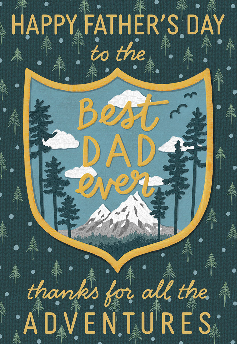 Front of a Father's Day greeting card with "Best DAD ever" and "thanks for all the ADVENTURES" inside a mountain crest design.