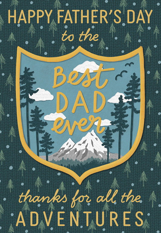 Front of a Father's Day greeting card with "Best DAD ever" and "thanks for all the ADVENTURES" inside a mountain crest design.