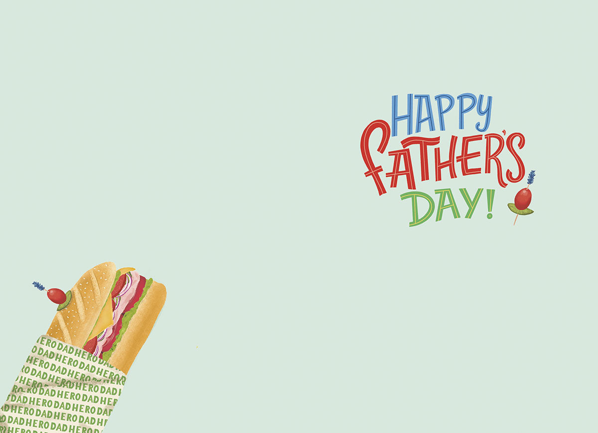 Inside of a Father's Day greeting card with 'Happy Father's Day!' text in vibrant, hand-drawn style. A small cartoon deli sandwich illustration is visible on the left, set against a light blue background. Ideal for a Parent.