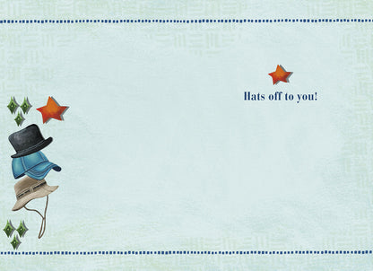 Inside of the greeting card with a simple blue background, featuring stacked hats, stars, and the message "Hats off to you!" on the right.