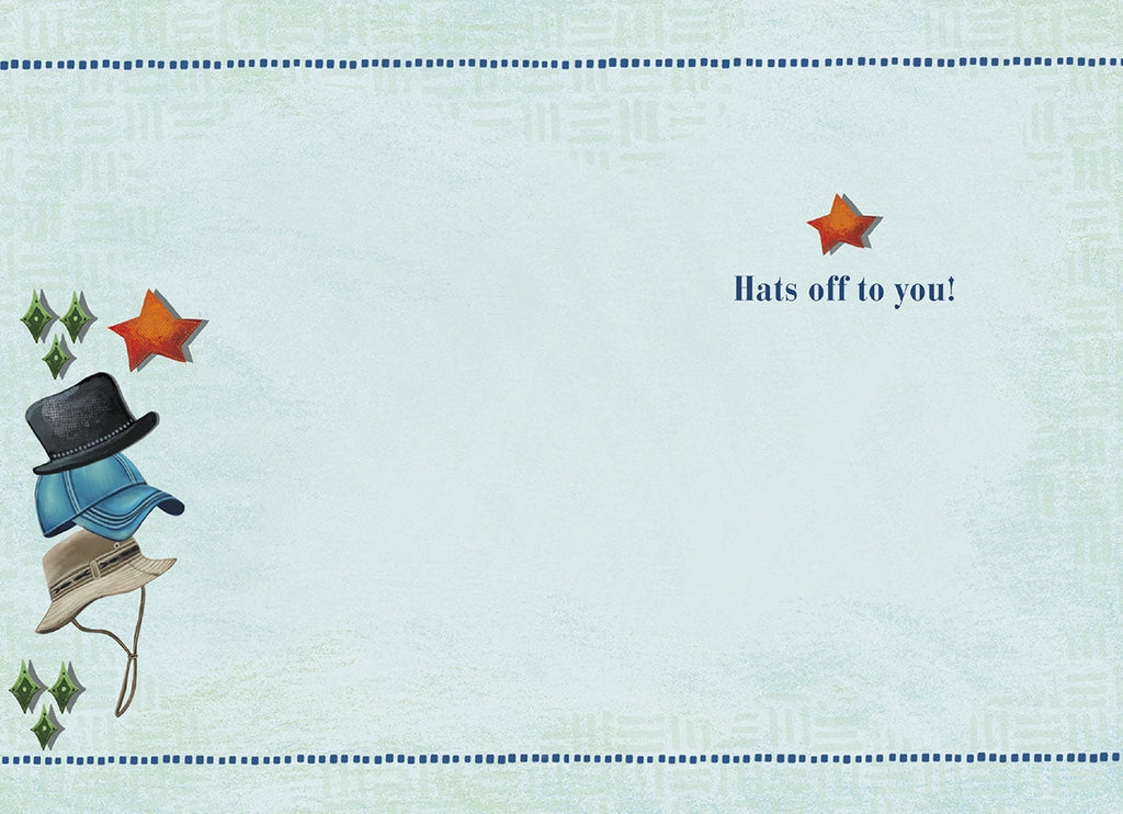 Inside of a Father's Day card with 'Hats off to you!' message alongside a stack of three different hats and small stars on a light blue patterned background, with ample blank space for a personal message.