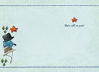 Inside of a Father's Day card with 'Hats off to you!' message alongside a stack of three different hats and small stars on a light blue patterned background, with ample blank space for a personal message.