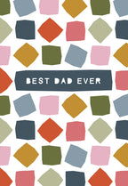 Front of a modern Father's Day greeting card featuring a colorful, geometric diamond pattern and the text 'BEST DAD EVER' on a dark blue banner.