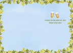 Inside of a humorous Father's Day greeting card with a light blue background, bordered by hop vines, and the message 'Cheers to the best of 'em! Enjoy your day!' with two small beer glasses.